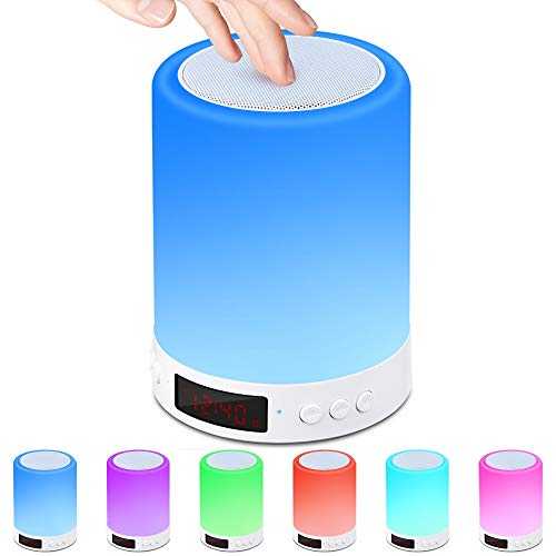 Bluetooth Speaker Lamp, Touch Sensor Night Light Bedside Table Lamp with Alarm Clock FM Radio,Dimmable Warm Light & 7 Color Changing Portable Camping Lantern,Gift for Girl Boy Women Men