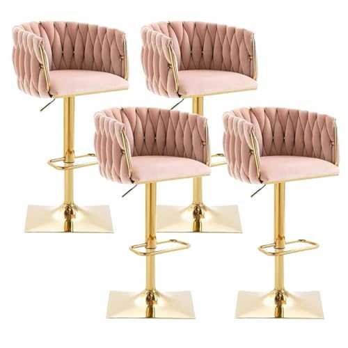 WDNMDY Gold Velvet Bar Stools Set of 4, Swivel Bar Stool Adjustable Lift Counter Height Barstools with Woven Back and Gold Metal Footstool and Base Dining Chairs for Restaurants Hotels
