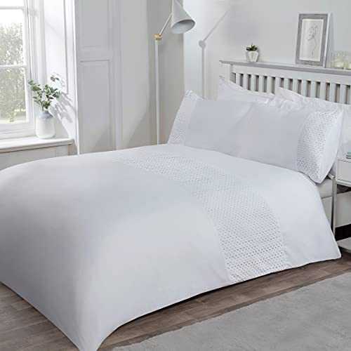 Sleepdown Lace Panel Band Border White Luxury Soft Easy Care Duvet Cover Quilt Bedding Set with Pillowcases - Double (200cm x 200cm)