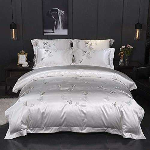 HJRBM 4Pcs Luxury Silky Cotton Bedding Set Chic Embroidery Butterfly Duvet Cover Bed Sheet Set，Flat Bed Sheet，US260X230cm 4Pcs (Flat Bed Sheet 220x240cm 4pcs)