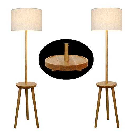Solid Wood Tripod Floor Lamp,Modern Minimalist Home Light,With Rubber Wood Coffee Table Panel,White TC Cloth Lampshade, Living Room/Bedroom/Study(2-Piece Set),Warm light
