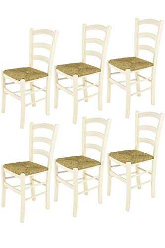 t m c s Tommychairs Design Chairs – Set of 6 Chairs Model Venice, Kitchen, Dining Room, Restaurant and Bar with structure in Wood Color Aniline White and Seat in Straw