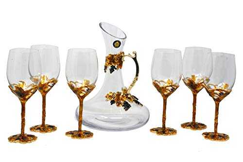 RORO Inspired Enameled and Jeweled Bohemian Crystal Wine Goblets Glasses with Jug Water Set