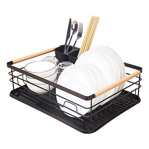 Kitchenista Metal Dish Rack with Drip Tray, Dish Drainer and Removable Cutlery Holder - Black