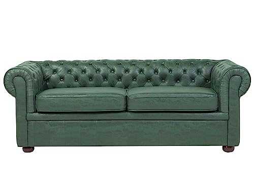 Beliani Classic Chesterfield Sofa Button Tufted 3 Seater Air Leather Green Chesterfield