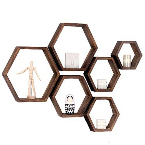 WONFUlity Hexagon Floating Shelves Wall Mounted Wood Farmhouse Storage Honeycomb Wall Shelf Set of 5, Hexagonal Wall Shelves for Bedroom, Living Room, Office, Walnut,Screws Anchors Included