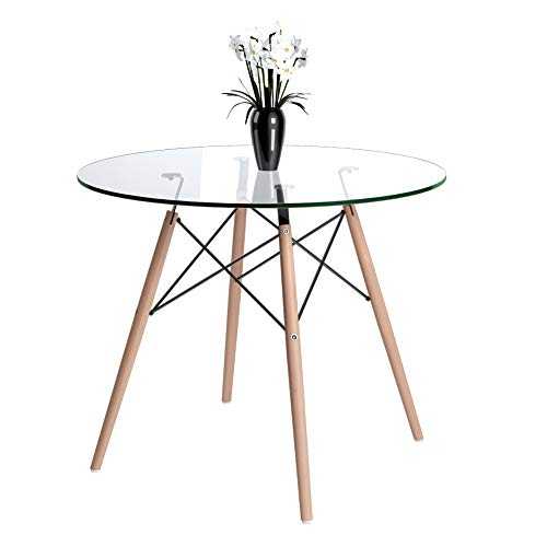 Jooli H Round Dining Table, Scandinavian Glass Kitchen Table with Solid Beech Legs for Dining Room Kitchen Office Bistro, 90cm