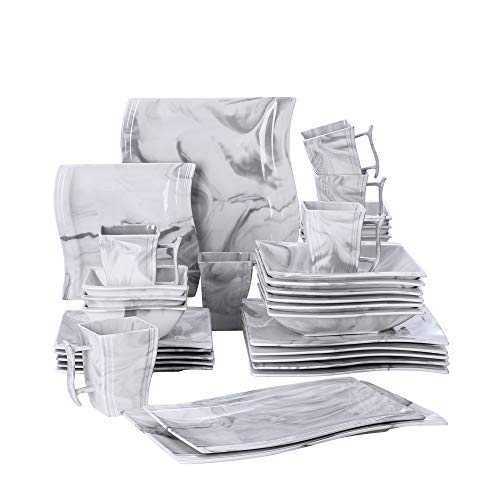 MALACASA, Series Flora, 32-Piece Marble Grey Dinnerware Sets Porcelain Dinner Sets with 6 Mugs 6 Dinner Plates 6 Dessert Plates 6 Soup Plates 6 Cereal Bowl and 2 Rectangular Plates, Service for 6