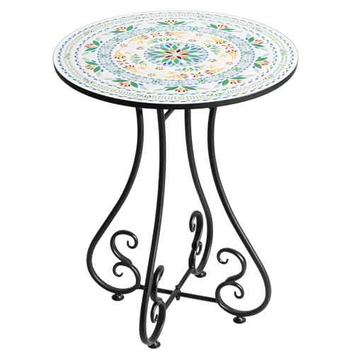 The Home Cult 18" Round End Table, Metal Scrollwork Accent Side Table, Unique Relief Ceramic Tile Tabletop with Metal Frame, Coffee Tea Table Nightstand for Living Room, Bedroom