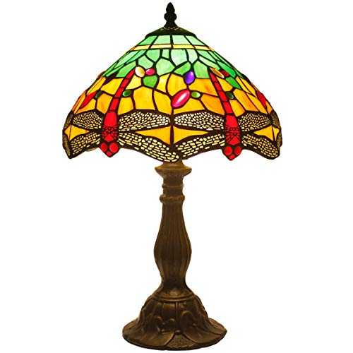 Tiffany Table Lamp 18 Inch Tall Green Yellow Stained Glass Lampshade Crystal Bead Dragonfly Style Anqitue Coffee Table Desk Dresser Bookcase Beside Light for Living Room Bedroom S009G WERFACTORY