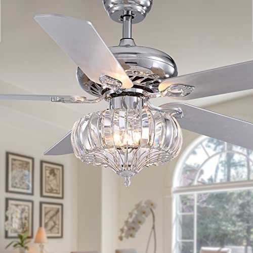 SILJOY Ceiling Fan with Lights for Bedroom, 48” Crystal Fans Light with Remote Control, Silver Ceiling Lamps for Living Room Dining Room Fandelier with 5 Wood Blades Reversible Vintage Modern