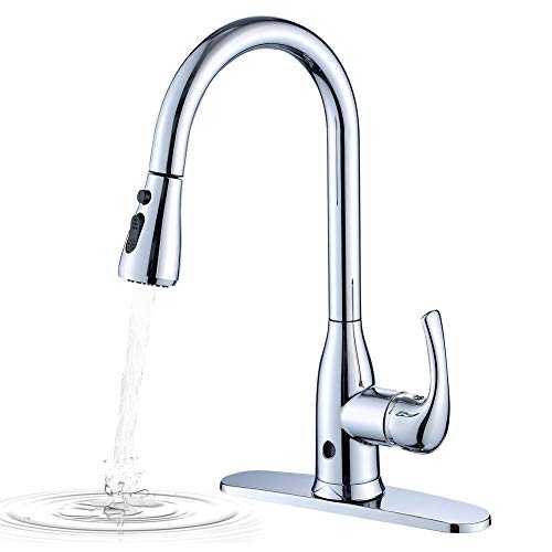 Touchless Kitchen Sink Tap, One Lever High Arc Pull-Down Kitchen Faucet, Two-Sensor Modern Design Hot and Cold Water Mixer Tap with UK Standard Fittings, Chrome