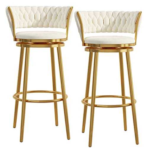 Guyifuny Bar Stools Counter Height-65cm 360° Swivel Counter Stools Bar Chairs Set of 2, Velvet Kitchen Island Chair with Back and Gold Footrest, White-A