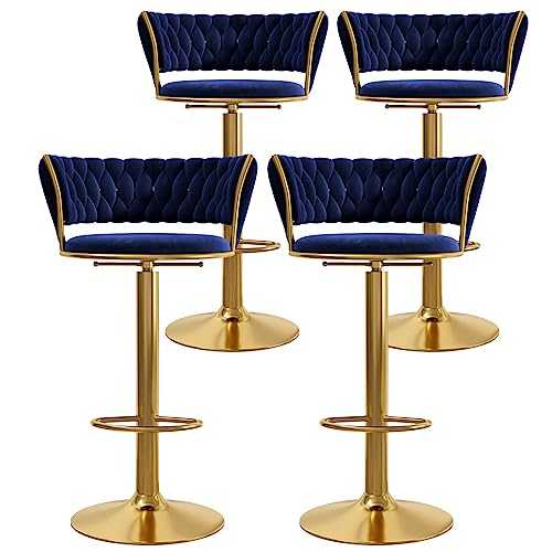Velvet Bar Stools 4PCS, 360° Swivel Modern High Stools with Back, Upholstered Chair Kitchen Island Stools with Gold Footrest for Home Bar Dining Room Pub, Blue