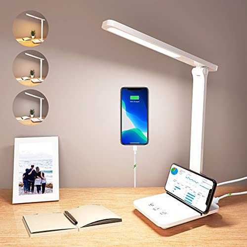 LED Desk Lamp, Eye-Caring Office Lamp with Cell Phone Stand, 3 Color Modes Multiple Brightness Adjustable, Rechargeable Table Lamp with USB Charging Port for Kids Room Dorm Home Office