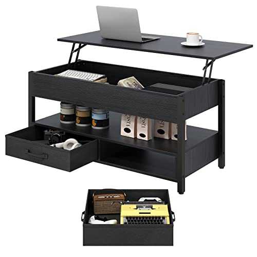 Ej.Victor Coffee Table, Lift Top Coffee Table with Storage Shelf and Pop up Adjustable Lift Tabletop, 41.7" Wooden Coffee Tables for Living Room with 2 Drawers and Hidden Compartment(Black)