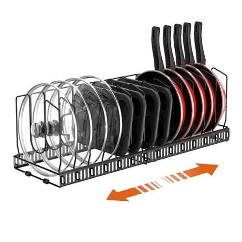 Housolution Pot and Pan Organiser Rack, Upgraded Expandable Pan lid Holder with 14 Adjustable Dividers, Pot and Pan Storage Rack Lid Organiser for Kitchen Cupboard, Black