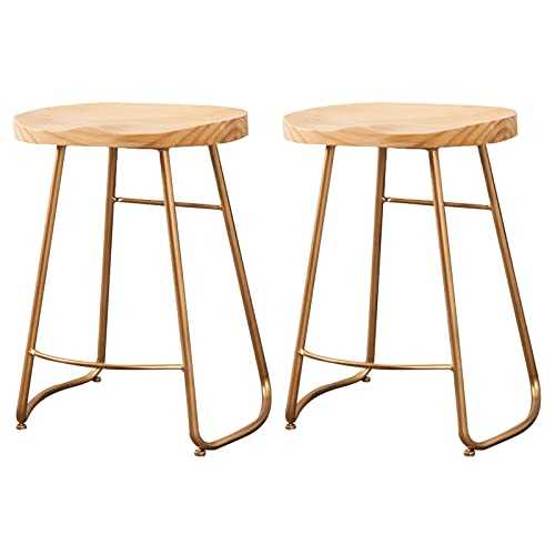 ZHANGTAOLF 17.7" Counter Height Bar Stools Set of 2 Industrial Wooden Kitchen Saddle Chairs with Footrest, Backless Barstools with Iron Legs,Gold