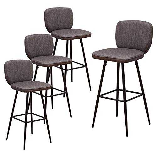 Huisen Furniture Faux Leather Bar Stool for Kitchen Pub Breakfast Counter Set of 4 Retro Industrial Bar Hocker Stool Chairs with High Height Legs Backrest Charcoal Grey Upholstered Seat