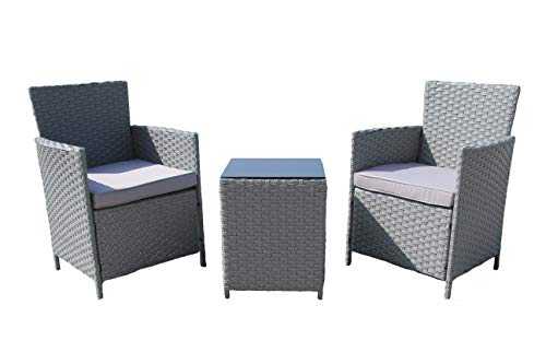 Chusstang 3 PCS Rattan Garden Furniture Sets Grey Outdoor 2 Seater Garden Patio Table and Chairs Set with Cushions Rattan Wicker Dining Furniture Sets Garden Bistro Set for Indoor Outdoor