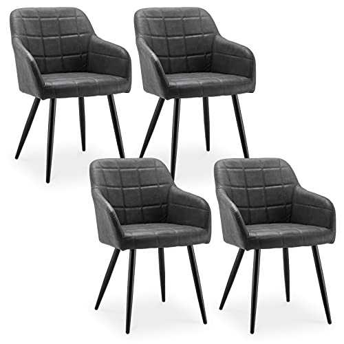 CLIPOP Dining Chairs Set of 4 Dark Grey Faux Leather Kitchen Leisure Chairs with Backrest and Armrests, Lounge Reception Chairs for Home Office Furniture