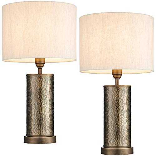 2 Pack | 60W E27 | 555mm Tall Hammered Bronze Table Lamp Light | Aged Metal & Vintage White Shade | Modern Industrial Bedroom Bedside Sideboard Office Desk Reading Feature Lighting | LED
