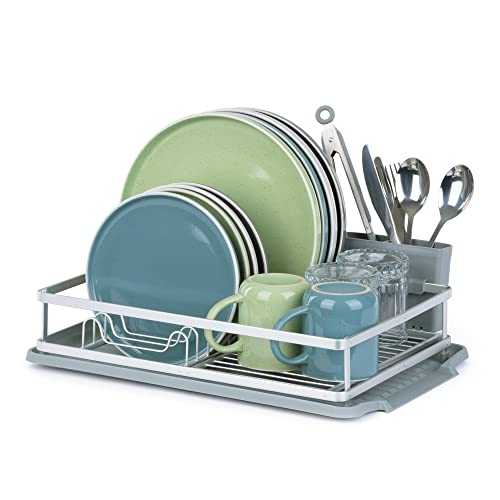 LIVIVO Aluminium Dish Drainer Crockery Cutlery Dish Drying Rack with Removable Drip Tray Utensils Cutlery Holder Draining Board – Ideal for Kitchen Countertop Plates Cups Glasses Tidy Organiser Grey