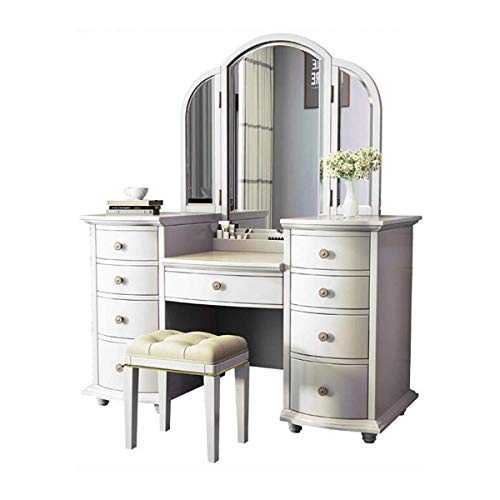 TEmkin Dressing Table Bedroom Multifunctional Vanity Table Set 3 Folding Mirror Solid Wood Make-Up Table with Make-Up Stool Multiple Storage Drawers White (White)