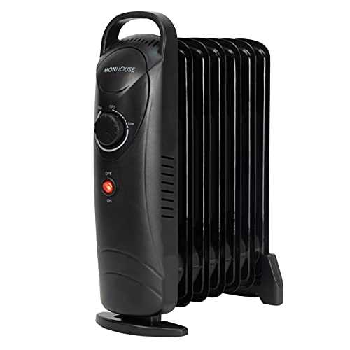 MONHOUSE 7 Fins Compact Oil Filled Radiator - Electric Heater with Adjustable Thermostat - Overheat Protection - Power Indicator Light - Easy Access Carry Handle - 700W - Black