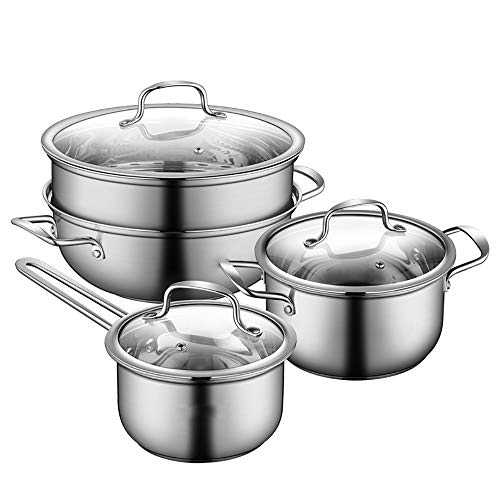 Pan Pot Set Cookware Kit Stainless Steel Steamer & Pour Saucepan Set -3 Piece With Toughened Glass Lids And Non-Slip Stay-Cool Handles Good Kitchen Utensils ( Color : Silver , Size : Free size )