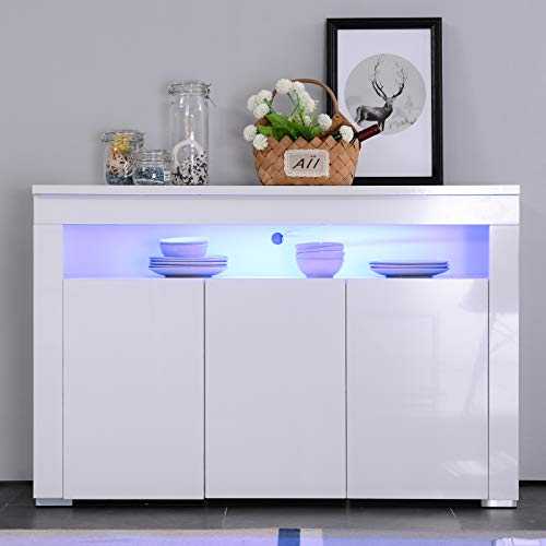 mecor High Gloss Sideboard,Kitchen Storage Cabinet Cupboard with LED Lighting for Dining Room in White (White 3 Doors)