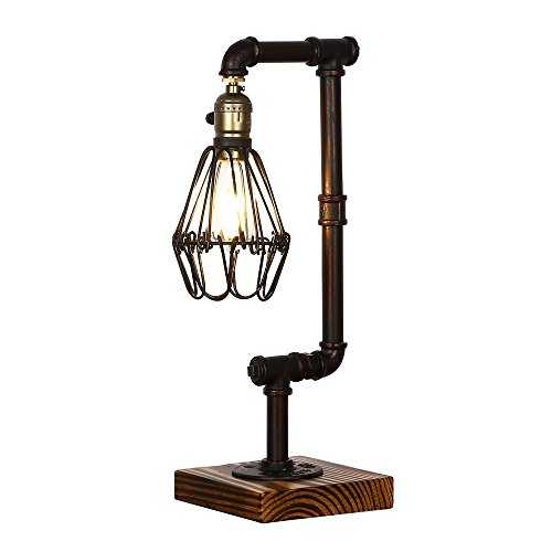 INJUICY Retro Vintage Industrial Water Pipe Wood LED Table Light Nightstand Wrought Iron Desk Accent Lamps for Bedroom Beside Coffe Bar