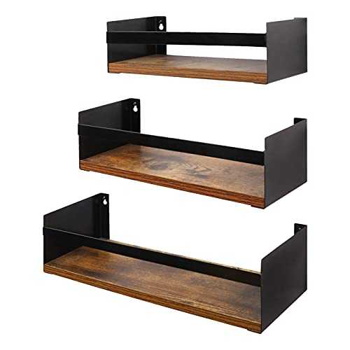 Giftgarden Black Floating Shelves for Wall Set of 3, Industrial Thick Wall Shelves with Iron Rails Brackets for Bathroom Storage Kitchen Spice Rack Bedroom Living Room Plant Nursery Books Laundry