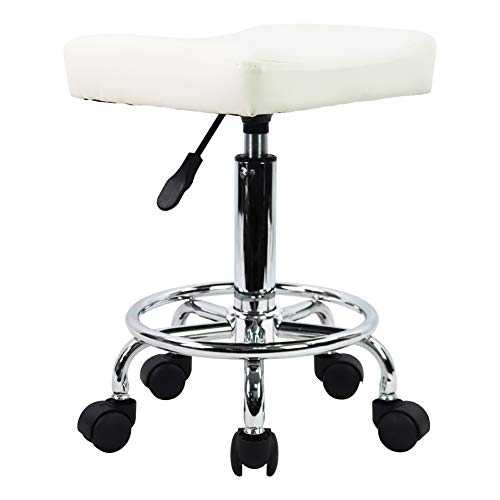 KKTONER Square Rolling Stool PU Leather Height Adjustable Swivel Massage SPA Salon Stools Task Chair with Wheels (White)