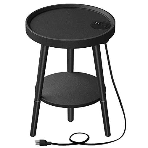 Greenstell End Table with Charging Station, Round Side Table with Storage Shelf, USB Ports and Anti-Drop Fence, 2-Tier Small Nightstand Sofa Table for Living Room, Bedroom Black 15 * 15 * 20.5inches