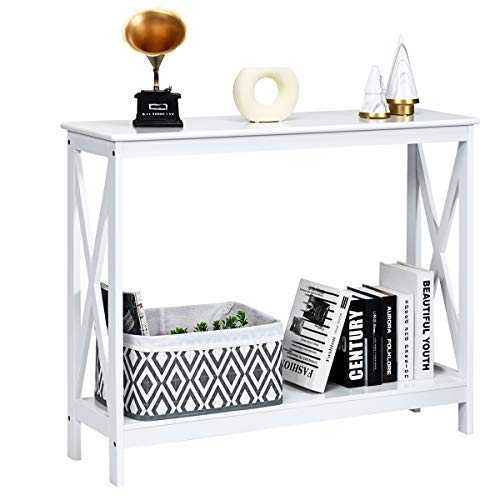 COSTWAY 2/3 Tiers Console Side Table, X-Shaped PC Computer Writing Desk with Shelves, Living Room Entryway Hallway Narrow Sofa End Tables (White, 2 Tiers)