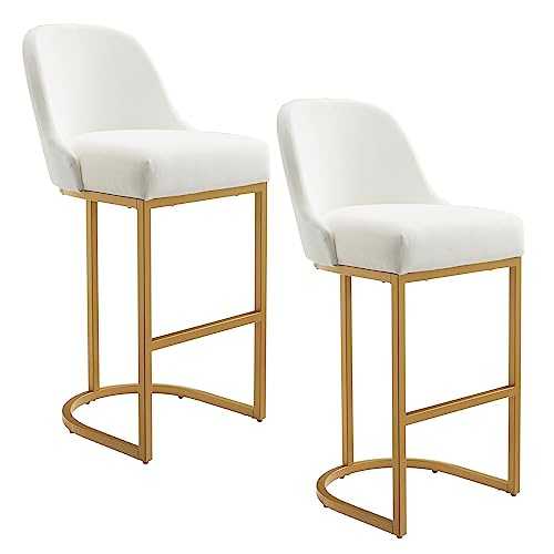 Leick Home 214403 Barrelback Bar Stool with Metal Base, Set of 2, for Elevated Kitchen Counters, High Top Tables, and Bars, Modern White Linen Seat and Gold Metal Base