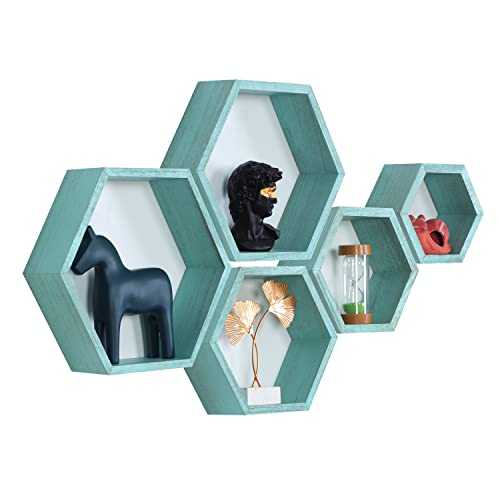 Hexagon Floating Shelves,Wall Mounted Wood Farmhouse Storage Honeycomb Wall Shelf Set of 5,for Bathroom, Kitchen, Bedroom, Living Room,Office,Driftwood Finish (Ocean Blue)
