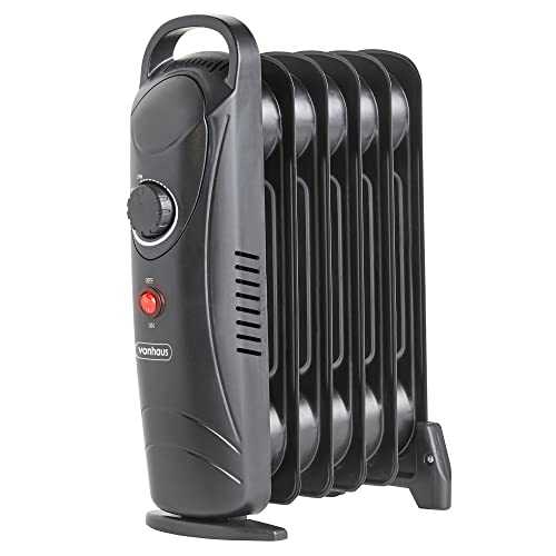 VonHaus Mini Oil Filled Radiator – 800W – H38 X L28 X D14cm – 6 Fin – Small Plug-in Portable Electric Heater – Lightweight Design, Thermostat, Thermal Safety Cut-off – For Small Spaces – Black