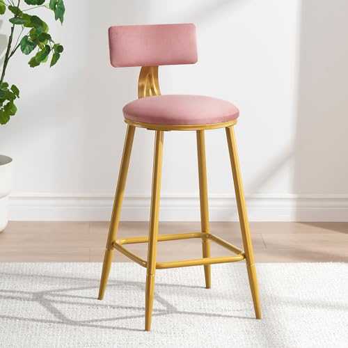 LIFUSTTG Velvet Bar Stools, 24”/29” Pink Counter Height Barstool with Back, Modern Round Counter Stools and Gold Metal Kitchen Height Chairs for Bar Pub Cafe