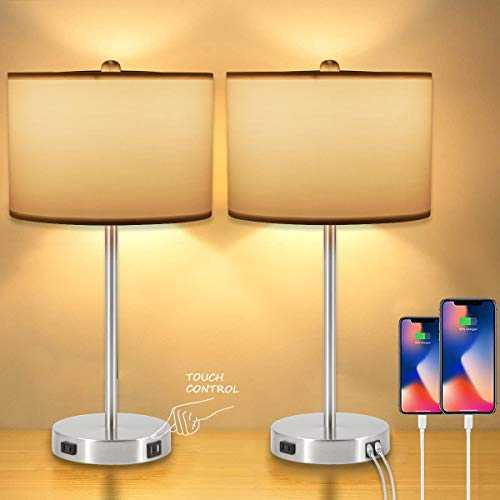 Bedside Lamps Set of 2 Touch Control Table Lamps, 22.7 Inch 3-Way Dimmable Modern Nightstand Desk Lamps for Living Room Bedroom Guestroom Hotel, USB Port and AC Outlet, 2 Blubs Included.