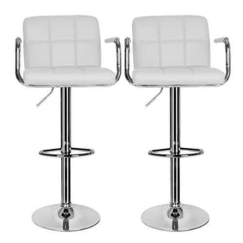 2 pcs Bar Stool,Leather White Kitchen Bar Stool Swivel Gas Lift Breakfast Bar Stool with Armrest and Chrome Footrest,Breakfast Bar/Counter/Kitchen Home Furniture