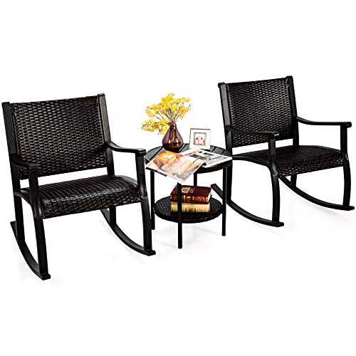 COSTWAY 3PCS Rattan Furniture Set, Outdoor Side Coffee Table Rocker Chair, Garden Patio Yard Poolside Rocking Table Chairs Wicker Bistro Set