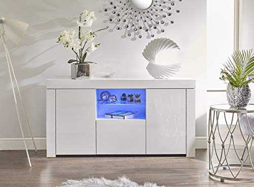IF White Gloss Display Cabinet Sideboard Cupboard Lowboard with Glass Shelf & Blue LED Light High Gloss Top & Doors/White Matt Body LILY