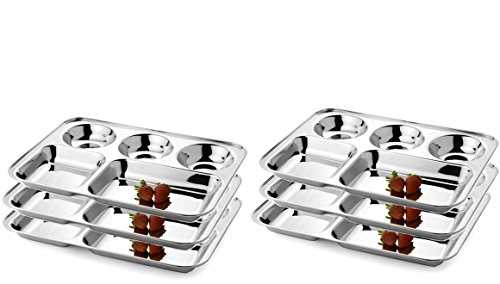 WhopperIndia Stainless Steel Five Compartment Round Plate, Thali, Mess Tray, Dinner Plate Set of 6 pcs- 33 cm Each
