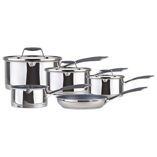 Hairy Bikers CKW2068 Stainless, 16cm, 18cm and 20cm Sauce Secure Glass Lids, 14cm Milk 24cm Frying, Cast Steel Handles with Grey Silicon Inserts, 5 Piece Pan Set