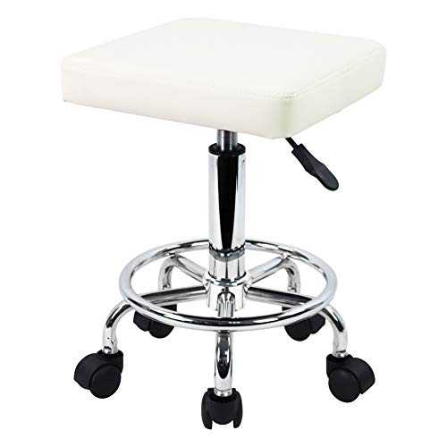 KKTONER Square Rolling Stool with Foot Rest PU Leather Height Adjustable Spa Drafting Salon Tattoo Work Swivel Stools Task Chair Small (White)