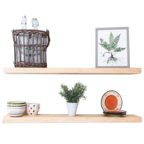 Willow & Grace Wooden Floating Shelves - Natural Rustic Home Decor Bookshelves, Easily Mounted | Perfect Rustic Farmhouse Shelf for Your Bathroom, Kitchen and Bedroom | Natural (36" Set of 2)