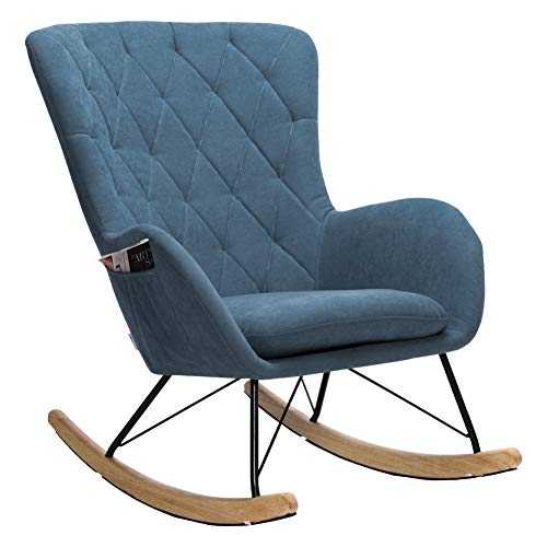 INMOZATA Relax Rocking Chair Comfortable Linen Fabric Rocker Relaxing Chair Traditional Arm Rest Lounge Chair with Fabric Cushion (Blue)