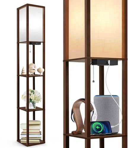 OUTON Floor Lamp with Shelves, LED Column Modern Floor Lamp with USB & Type C Port, 3 Color Temperature, Wooden Standing Lamp with White Linen Shade for Living Room, Bedroom, Office (Walnut Brown)